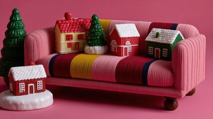 Small colorful houses arranged on a bright pink couch in a well-lit indoor setting.