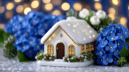 Small white house with snow-covered roof surrounded by winter landscape under clear daylight sky.