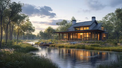 Obraz premium Modern house river sunset reflection forest trees grass wooden deck outdoor seating calm water sky clouds peaceful nature