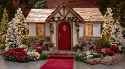 Small house with red door and red carpet at entrance, exterior shot in daylight with clear sky.