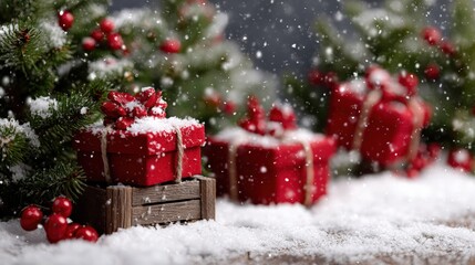 Small wooden box with a red gift placed on top, photographed on a white background, studio lighting.