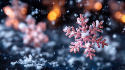 Close-up of a delicate snowflake resting on fresh white snow outdoors in bright daylight.