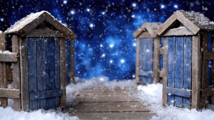 Two rustic wooden doors standing in a snow-covered landscape under soft daylight.