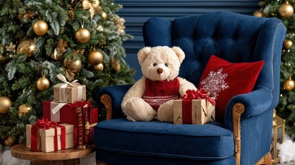 Teddy bear seated on chair surrounded by wrapped presents, festive gift setting with soft lighting.