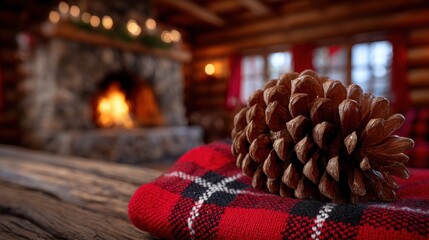 Close-up of a brown pine cone on a wooden table with a warm fireplace blurred in the background.