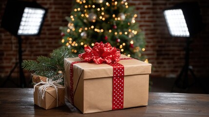 Wrapped gift box on wooden table with decorated Christmas tree blurred in background, festive indoor setting.