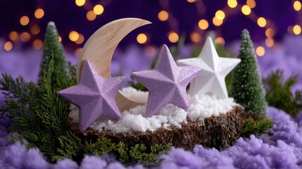 Purple and white crescent and star decorations on a deep purple background, ideal for festive or cultural themes.