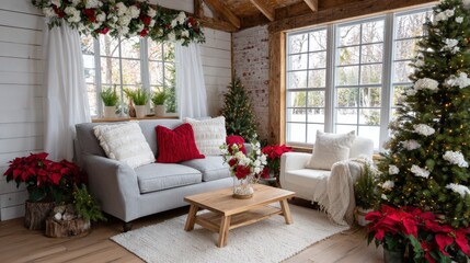 Modern living room with couch, coffee table, and decorated Christmas tree in cozy indoor setting.