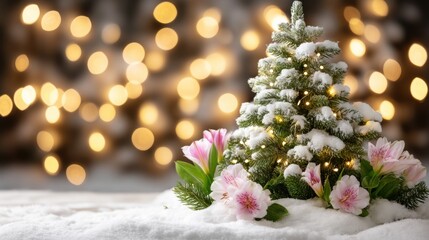 Small Christmas tree decorated with pink flowers standing in fresh snow outdoors during daytime.