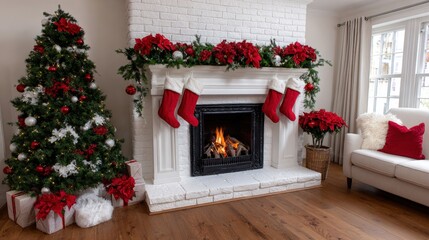 Cozy living room with a brick fireplace and red Christmas stockings hanging, warm holiday decor.