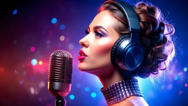 Glamorous singer with vintage microphone in a vibrant, colorful and bokeh background