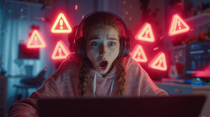 A young gamer with an expression of shock and fear, surrounded by red alert symbols, implying a stressful online gaming experience.