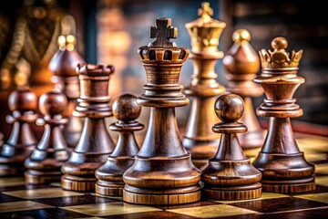 A close up view of a wooden chess set featuring the king and pawns on a chessboard