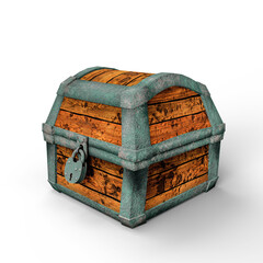 Antique Wooden Treasure Chest with Metal Details and Lock Close-Up. 3D Illustration. File with Clipping Path