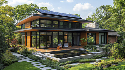 Fototapeta premium Modern suburban house with solar panels on roof, large glass windows, wooden exterior, surrounded by lush green garden and stone pathway, peaceful and eco friendly design