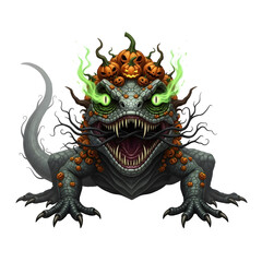 Obraz premium Pixelated illustration of a reptilian creature adorned with pumpkins and eerie green flames against a transparent background. Monster with Halloween theme.