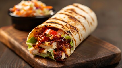 Delicious grilled chicken wrap with bacon and a side of coleslaw