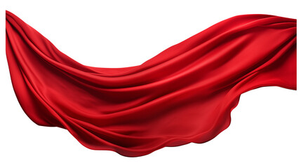 Flowing red satin fabric gently drapes isolated on transparent background, creating a visually striking effect.