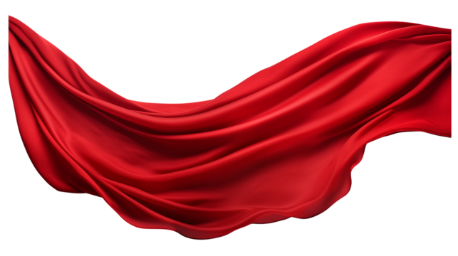 Flowing red satin fabric gently drapes isolated on transparent background, creating a visually striking effect.