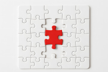 Red Puzzle Piece Stands Out: A close-up shot of an incomplete puzzle, with a vibrant red piece centered amidst the white pieces. This image symbolizes unique.