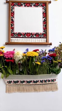 Decorative wooden frame with red embroidered floral pattern and fresh garden flowers arranged on a white wall, close-up view.