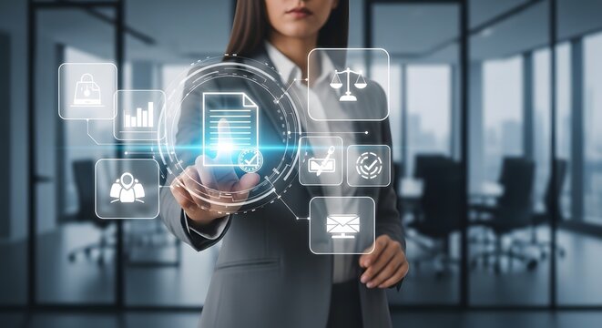 Woman in business suit interacting with a digital interface displaying icons representing legal compliance and business processes.