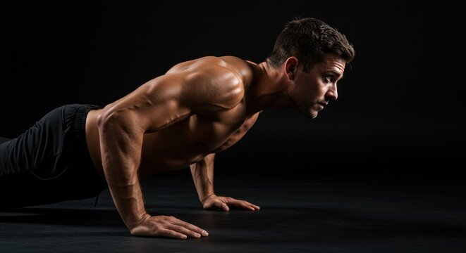 Muscular man in plank position showcasing intense upper body workout on black background - Powered by Adobe