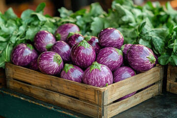 Purple eggs and red onions at farmers market.
