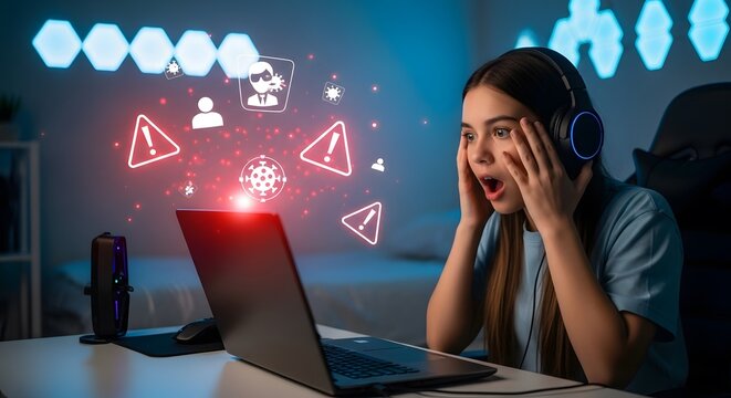 Young gamer reacting with shock to warning icons and digital threats displayed on her laptop screen while gaming at night.