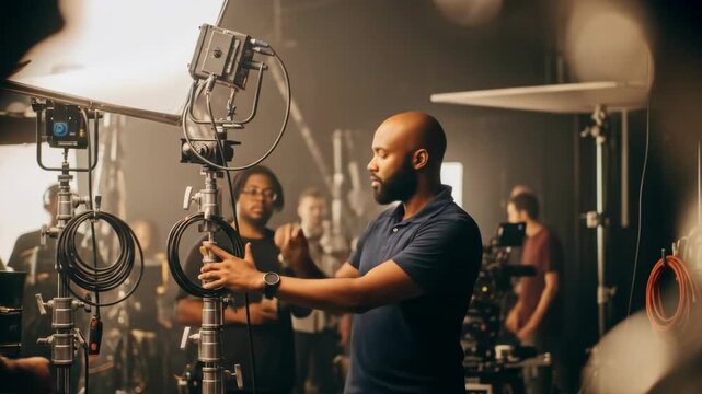 A Bald Black Man Setting Up a Professional Camera Rig in a Dimly Lit Studio