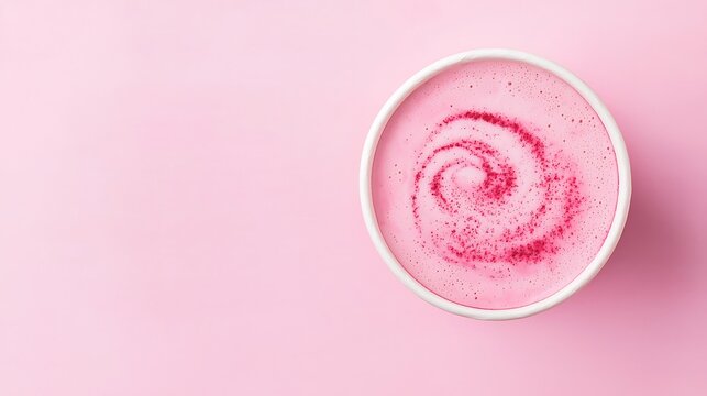 Top view of a pink beetroot latte with swirl design