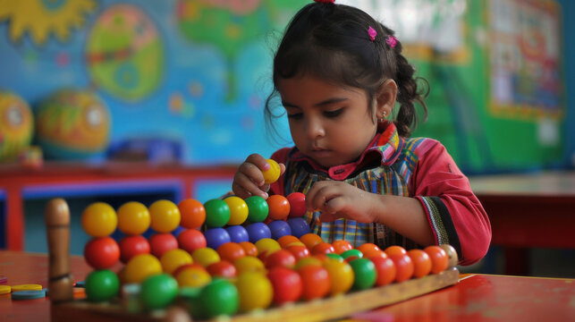 A young girl playing with a colorful abacus on a table in a brightly lit classroom setting indoors