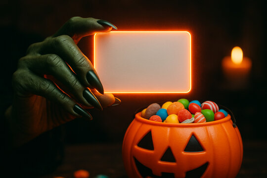 A neon-framed card glows eerily in the grip of a green, clawed hand with slick black nails—summoning Halloween vibes. Below, a cheerful pumpkin container brims with vibrant candies.