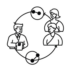 Fototapeta premium Coworkers aligning on product development stages teamwork planning innovation roadmap success office vector line art on white background