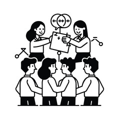 Employees from multiple departments solving problems through discussion collaboration planning workflow vector line art on white background