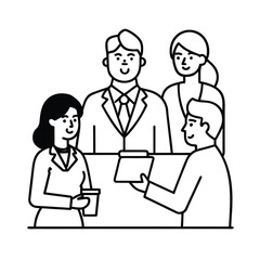 Employees mentoring and guiding new hires in onboarding session for team growth learning development vector line art on white background