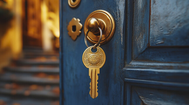 Golden key hanging on blue wooden door lock with blurred warm background of stairs and lights, evoking welcoming and secure atmosphere - Powered by Adobe