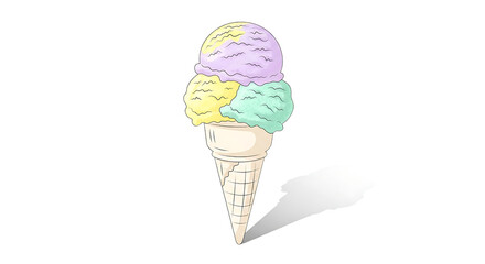 Colorful Ice Cream Cone with Shadow on Transparent Background