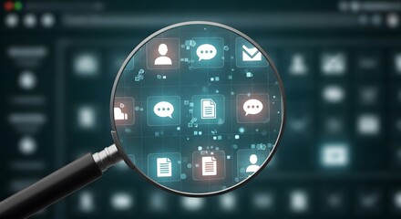 Magnifying glass focused on digital icons representing user profiles, chat bubbles, documents, and emails displayed on a screen.