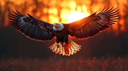 Majestic eagle soaring against a fiery sunset