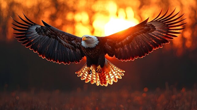 Majestic eagle soaring against a fiery sunset - Powered by Adobe