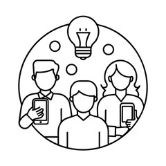 Group of people using mobile devices to contribute to digital collaboration teamwork connection strategy vector line art on white background