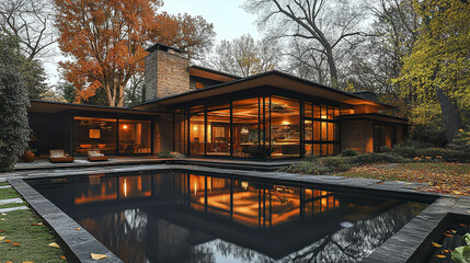 Obraz premium Modern house with patio and swimming pool at autumn evening, warm lights glowing inside, surrounded by trees with fall foliage and cozy outdoor seating
