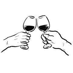 ワイングラスでお祝いをするシニアの手のイラスト　Illustration of senior hands toasting with wineglasses