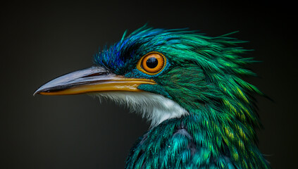 A detailed macro image shows the profile of the head and beak of a vibrant iridescent bird with green, blue and white feathers, striking yellow eyes