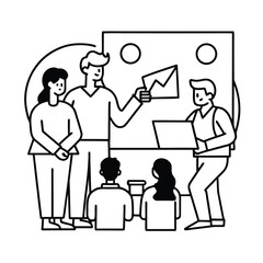 Startup team collaborating on funding pitch presentation with innovation ideas and teamwork strategy vector line art on white background