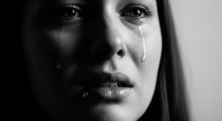 Photo of a closeup black and white portrait captures a womans emotional distress as tears stream down her face, conveying sadness and grief