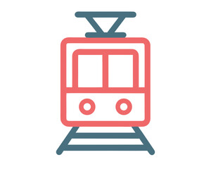 Stylized icon of a red and teal tram on railway tracks