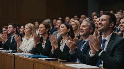 Enthusiastic audience applauding speaker during business convention, seminar or conference