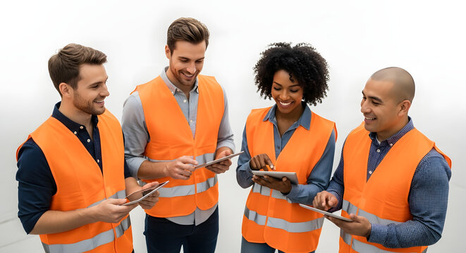 Collaborative Precision: A group of four construction professionals engage in a dynamic conversation, utilizing advanced digital tools, all while outfitted in high-visibility safety attire.